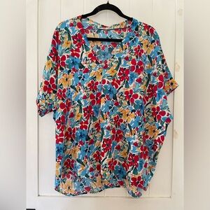 Women’s Jodifl Bright Floral Summer Spring Relaxed Top Blouse V Neck Size L